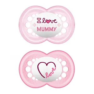 Mam Ορθοδοντικές Πιπίλες Σιλικόνης I Love Mummy&Daddy Ροζ Ροζ 6-16m 2τμχ | Πιπίλες στο Fatsules