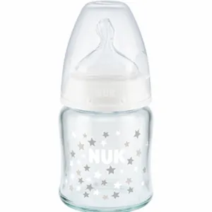 NUK First Choice Plus Glass Γυάλινο Μπιμπερό με Θηλή Σιλικόνης & Δείκτη Ελέγχου Θερμοκρασίας 0-6m 120ml Αστέρια | Μπιμπερό - Θηλές στο Fatsules