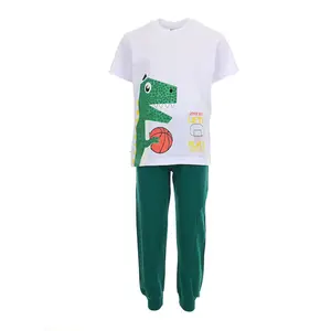 Joyce Παιδικό Σετ με μακρύ παντελόνι 'Dino' Λευκό Πράσινο | Σύνολα - Σετ Μακό Κοντομάνικα - Σετ Μακό αμάνικα στο Fatsules