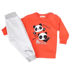 NEK Kids Wear Βρεφικό σετ φόρμα φούτερ με χνούδι Hello Panda Κόκκινο Γκρι | Βρεφικά Ρούχα - Όλα τα προιόντα στο Fatsules