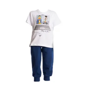 Joyce Σύνολο-σετ με μακρύ παντελόνι Λευκό-Μπλε |  Καλοκαιρινά Σύνολα για αγόρι - Σετ Μακό Κοντομάνικα για αγόρι - Σετ Μακό αμάνικα για αγόρι - Σετ μπλούζα και βερμούδα για αγόρι. στο Fatsules