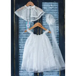 Mkd Βαπτιστικό φόρεμα δαντελένιο με ζακετάκι και κορδέλα Λευκό | Γάμος - Βάπτιση στο Fatsules
