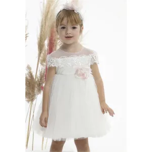 Mi Chiamo Βαπτιστικό φόρεμα με δαντέλα-τούλι και κορδέλα Λευκό | Βάπτιση στο Fatsules