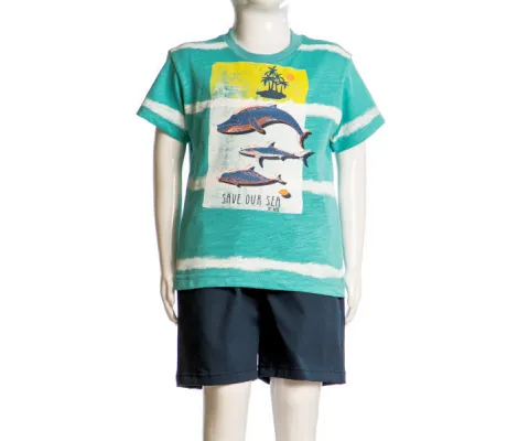 Joyce σετ μπλούζα με υφασμάτινο σορτσάκι 'Save our sea' Βεραμάν Μπλε |  Καλοκαιρινά Σύνολα για αγόρι - Σετ Μακό Κοντομάνικα για αγόρι - Σετ Μακό αμάνικα για αγόρι - Σετ μπλούζα και βερμούδα για αγόρι. στο Fatsules