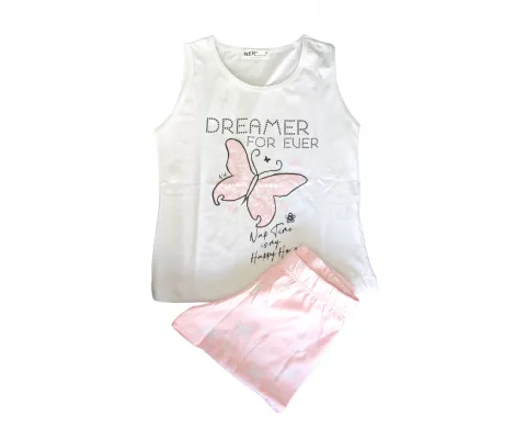 NEK Kids Wear Πιτζάμα με αμάνικο μπλουζάκι και σορτσάκι Dreamer For Ever Λευκό-Ροζ | Εσώρουχα - πιτζάμες για κορίτσια στο Fatsules