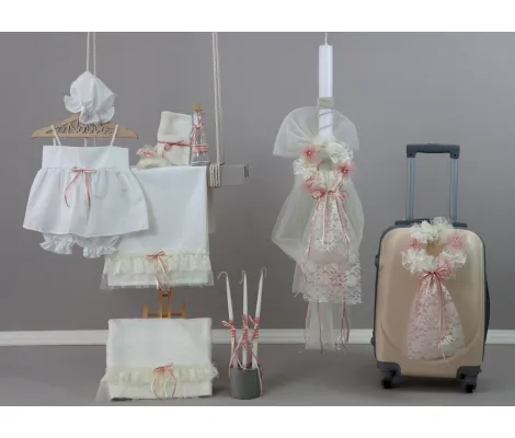 Βαπτιστικό πακέτο με βαλίτσα Στεφανάκι Ροζ Εκρού | Βαπτιστικό Πακέτο στο Fatsules