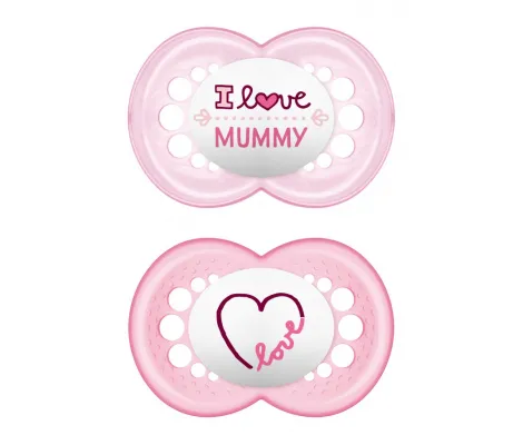 Mam Ορθοδοντικές Πιπίλες Σιλικόνης I Love Mummy&Daddy Ροζ Ροζ 6-16m 2τμχ | Πιπίλες στο Fatsules