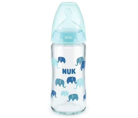 NUK First Choice Plus Glass Γυάλινο Μπιμπερό με Θηλή Σιλικόνης & Δείκτη Ελέγχου Θερμοκρασίας 0-6m 240ml Μπλε | Μπιμπερό - Θηλές στο Fatsules