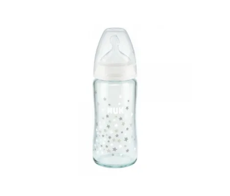 NUK First Choice Plus Glass Γυάλινο Μπιμπερό με Θηλή Σιλικόνης & Δείκτη Ελέγχου Θερμοκρασίας 0-6m 240ml Αστέρια | Μπιμπερό - Θηλές στο Fatsules
