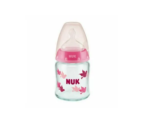 NUK First Choice Plus Glass Γυάλινο Μπιμπερό με Θηλή Σιλικόνης & Δείκτη Ελέγχου Θερμοκρασίας 0-6m 120ml Ροζ | Μπιμπερό - Θηλές στο Fatsules