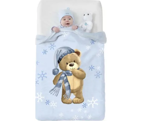 Ισπανική βελουτέ κουβέρτα Manterol Baby Vip 75x100cm 525 C08 Blue | Προίκα Μωρού - Λευκά είδη στο Fatsules