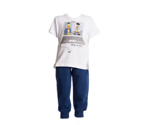 Joyce Σύνολο-σετ με μακρύ παντελόνι Λευκό-Μπλε |  Καλοκαιρινά Σύνολα για αγόρι - Σετ Μακό Κοντομάνικα για αγόρι - Σετ Μακό αμάνικα για αγόρι - Σετ μπλούζα και βερμούδα για αγόρι. στο Fatsules