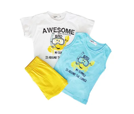 NEK Kids Wear Σετ 3 τεμ. μπλουζάκια και σορτς Λευκό-Γαλάζιο-Κίτρινο | Βρεφικά Σύνολα - Σετ - Σαλοπέτα στο Fatsules