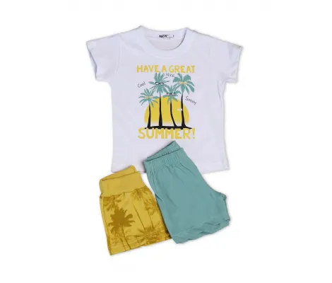 NEK Kids Wear Σετ 3 τεμ. μπλουζάκι και σορτσάκια Λευκό-Βεραμάν-Μουσταρδί | Βρεφικά Ρούχα - Όλα τα προιόντα στο Fatsules